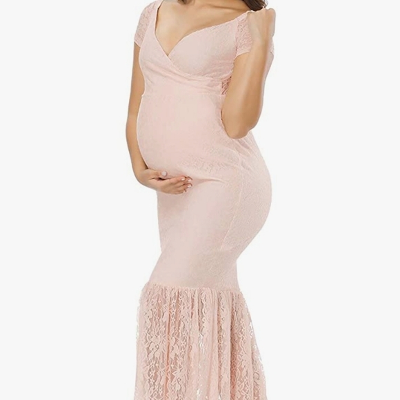 JustVH Women's Off Shoulder Short Sleeve V Neck Lace Maternity Gown Maxi - Picture 2 of 5